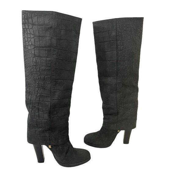 Thomas Wylde Womens Size 7 Black Croc Leather Foldover Studded Boot - Picture 4 of 8